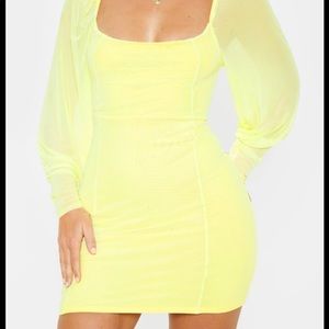 NEW—Yellow Mesh Long Sleeve Bodycon Dress